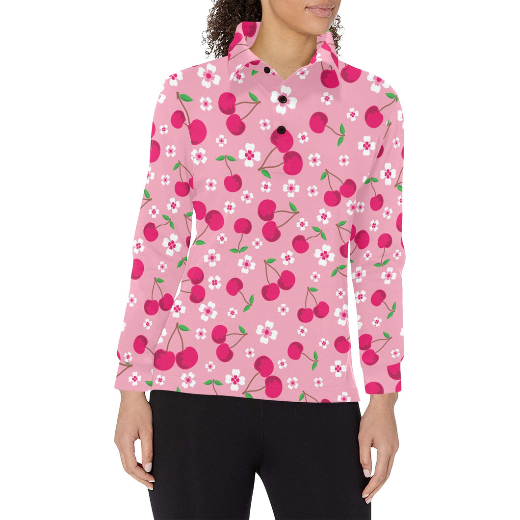 cherry flower pattern pink background Women's Long Sleeve Polo Shirt