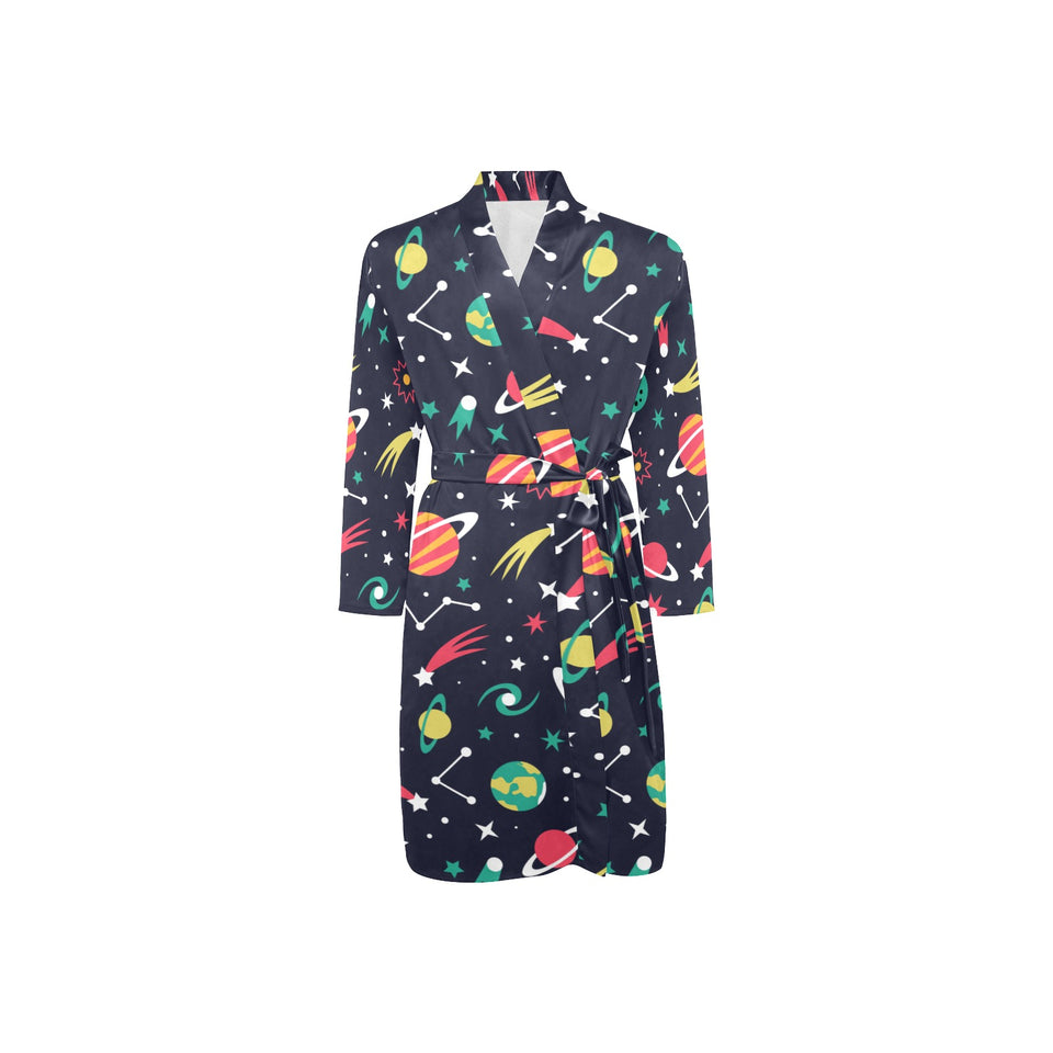 colorful space pattern planet star Men's Long Sleeve Belted Night Robe