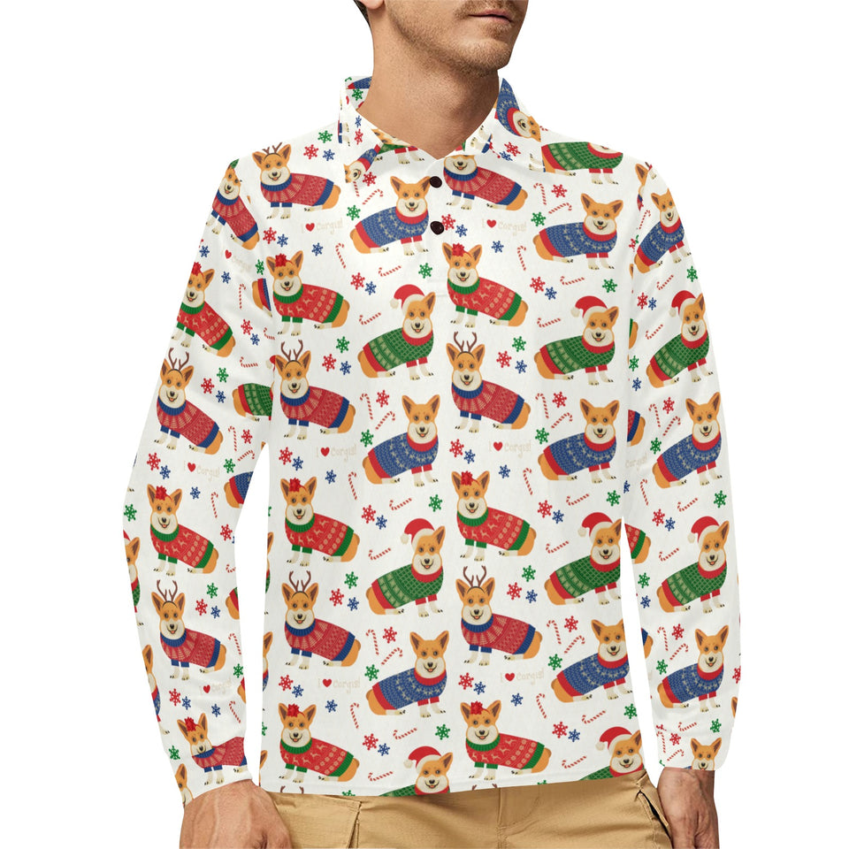 Corgi Christmas Pattern Men's Long Sleeve Polo Shirt