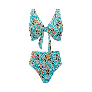 Cute sea otters fishe sea urchin pattern Chest Bowknot High Waisted Bikini Swimsuit