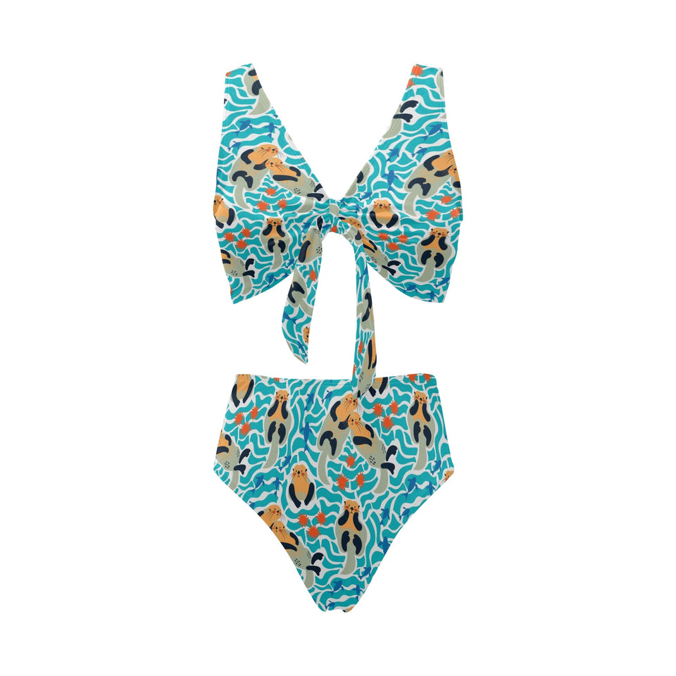 Cute sea otters fishe sea urchin pattern Chest Bowknot High Waisted Bikini Swimsuit