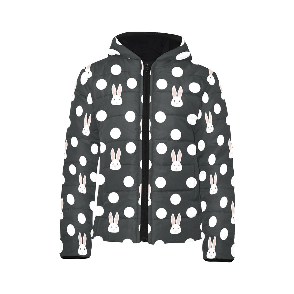 Cute white rabbit polka dots black background Kids' Boys' Girls' Padded Hooded Jacket