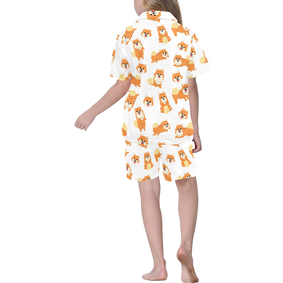 Brown pomeranian pattern Kids' Boys' Girls' V-Neck Short Pajama Set