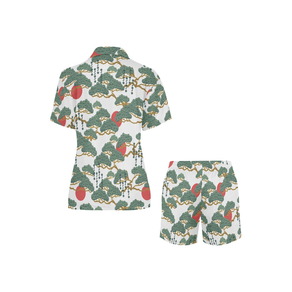 Bonsai red sun japanese pattern Women's V-Neck Short Pajama Set