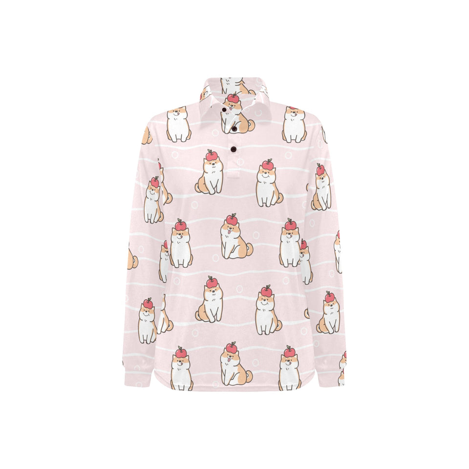 Cute Shiba Inu Dog Apple pattern Women's Long Sleeve Polo Shirt