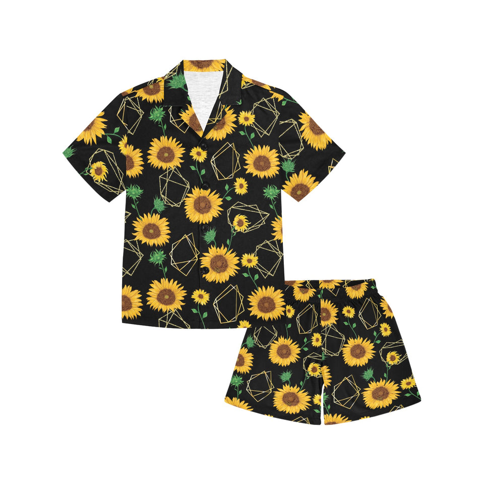 sunflower golden polygonal shapes Kids' Boys' Girls' V-Neck Short Pajama Set