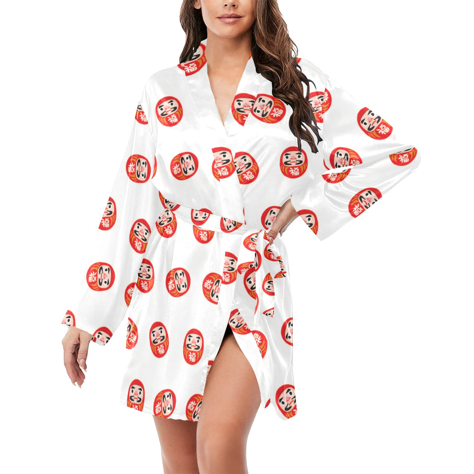 Daruma japanese wooden doll pattern Women's Long Sleeve Belted Night Robe