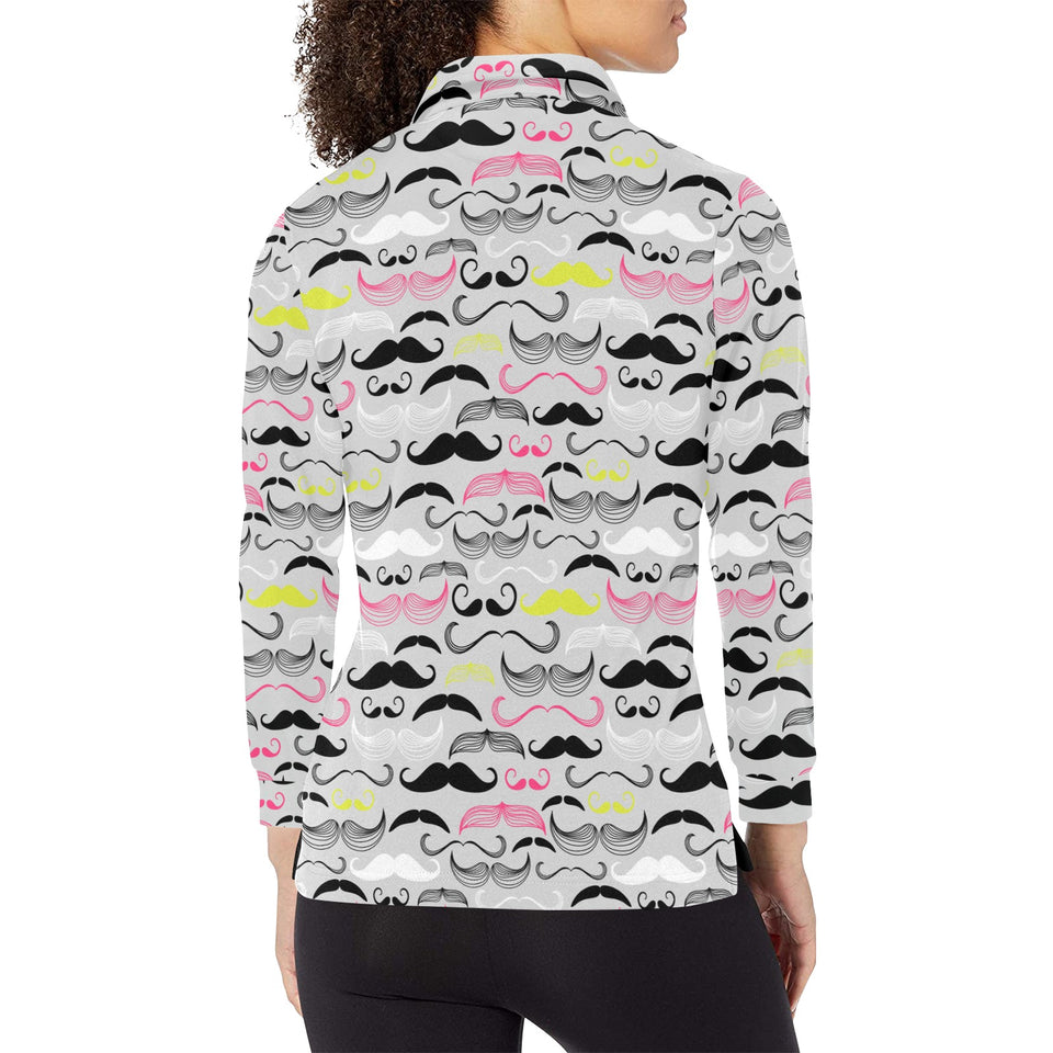 Mustache Beard Pattern Print Design 02 Women's Long Sleeve Polo Shirt