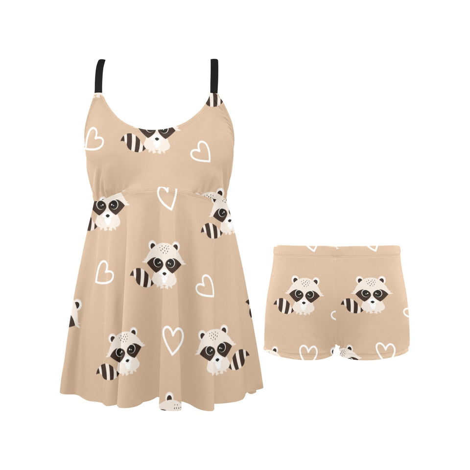 Cute raccoon heart pattern Chest Sexy Pleated Two Piece Swim Dress