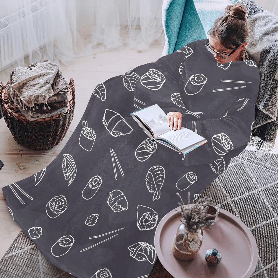 sushi pattern black background Blanket Robe with Sleeves