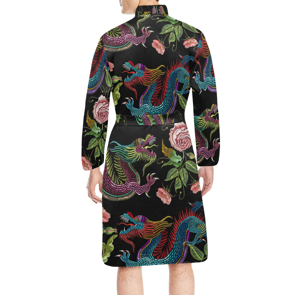 Dragons flower pattern Men's Long Sleeve Belted Night Robe