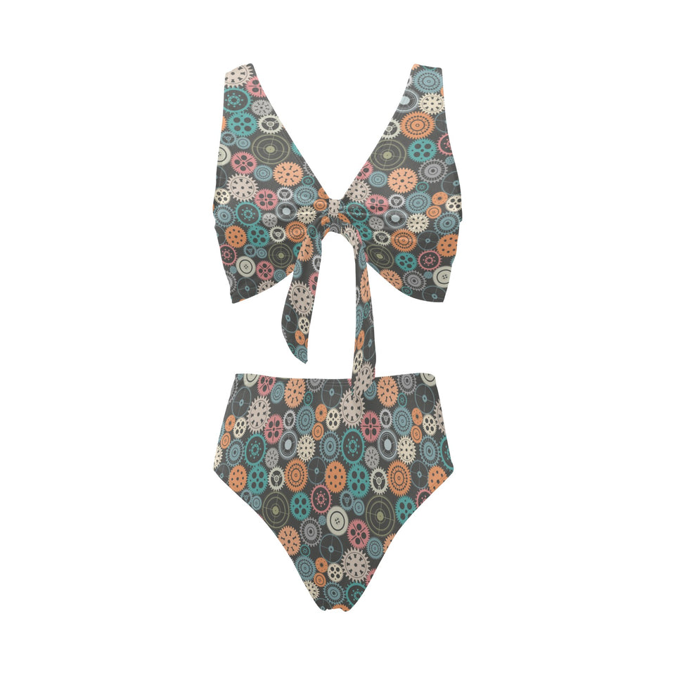 Gear Pattern Print Design 05 Chest Bowknot High Waisted Bikini Swimsuit