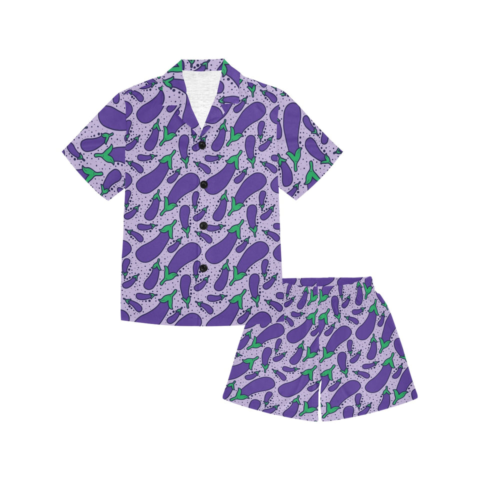 Eggplant Pattern Print Design 03 Kids' Boys' Girls' V-Neck Short Pajama Set