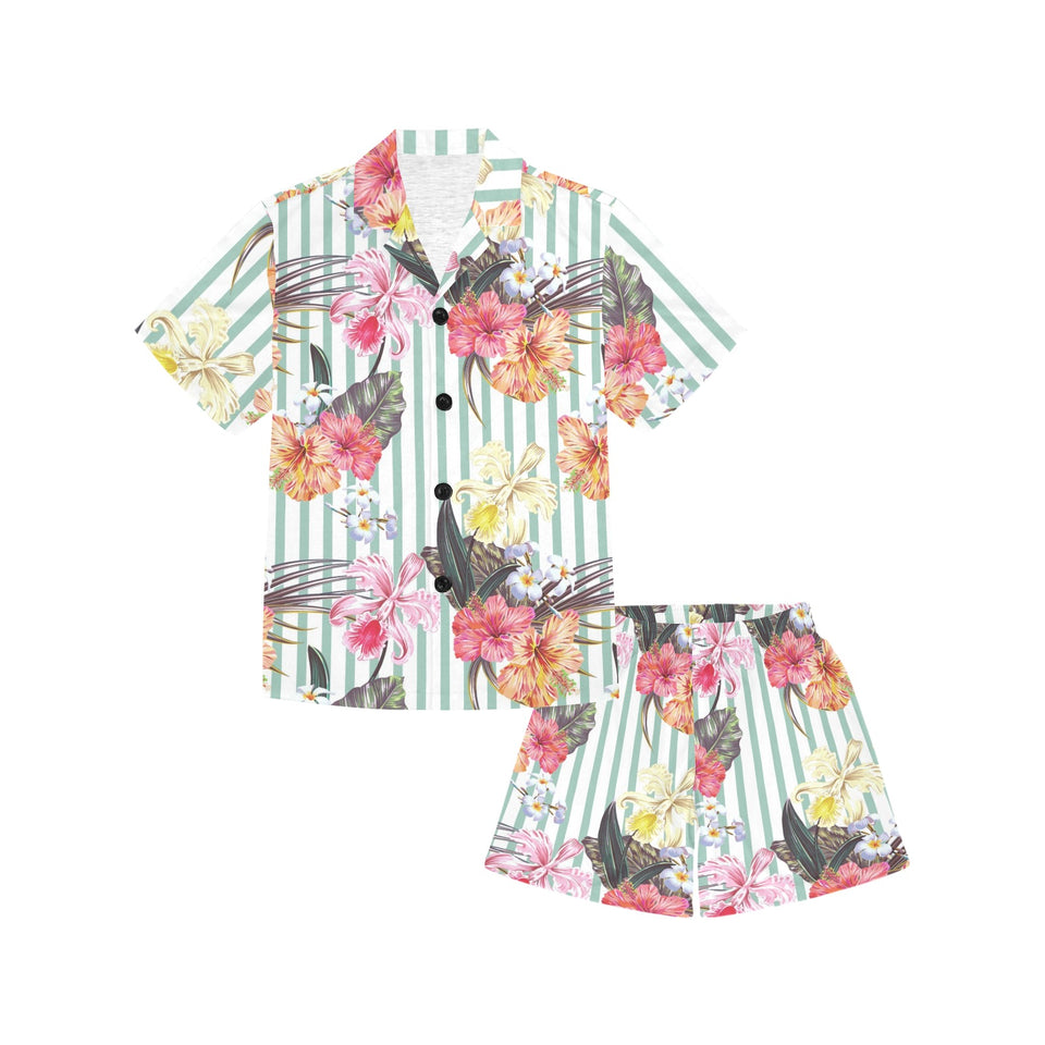 Colorful orchid flower pattern Kids' Boys' Girls' V-Neck Short Pajama Set