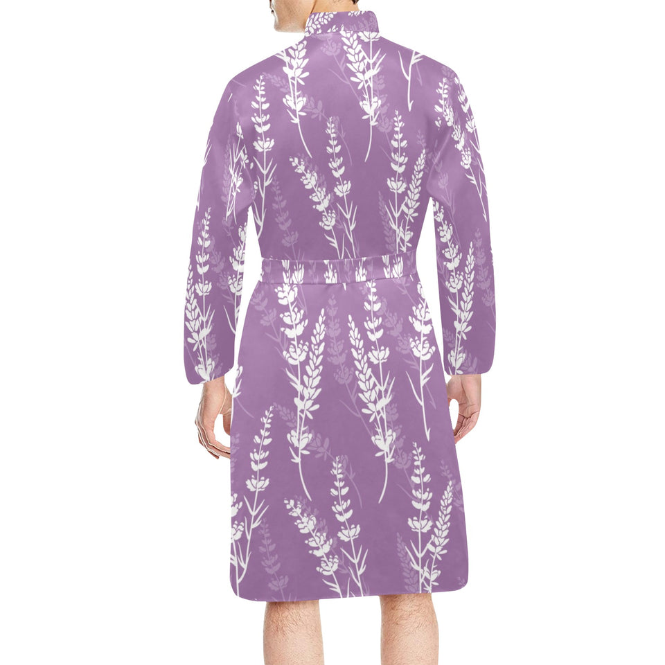 Lavender flowers purple pattern Men's Long Sleeve Belted Night Robe