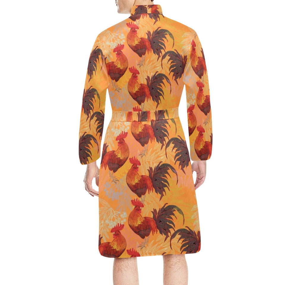 red rooster chicken cock pattern Men's Long Sleeve Belted Night Robe