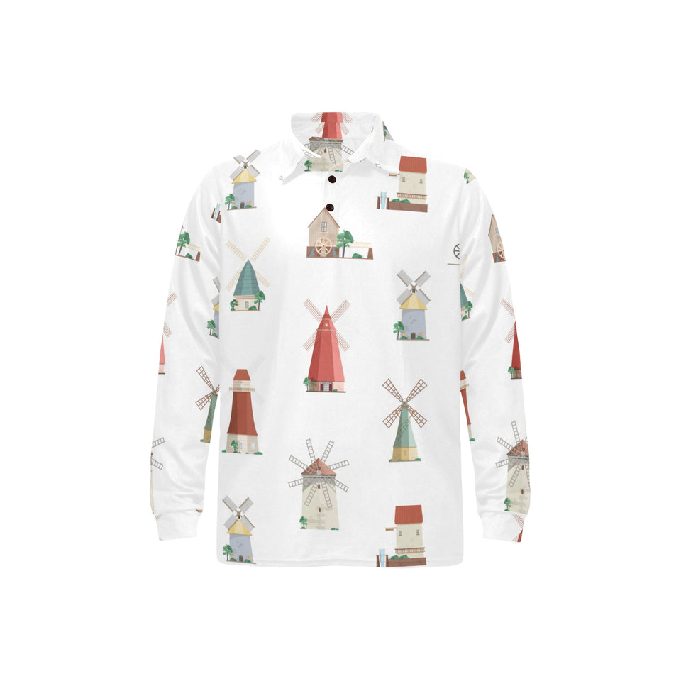 windmill design pattern Men's Long Sleeve Polo Shirt