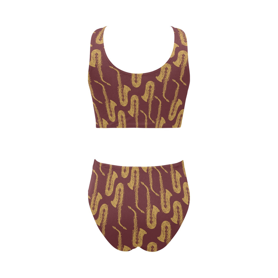 Hand drawn gold saxophone red background Chest Bowknot High Waisted Bikini Swimsuit