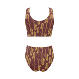 Hand drawn gold saxophone red background Chest Bowknot High Waisted Bikini Swimsuit