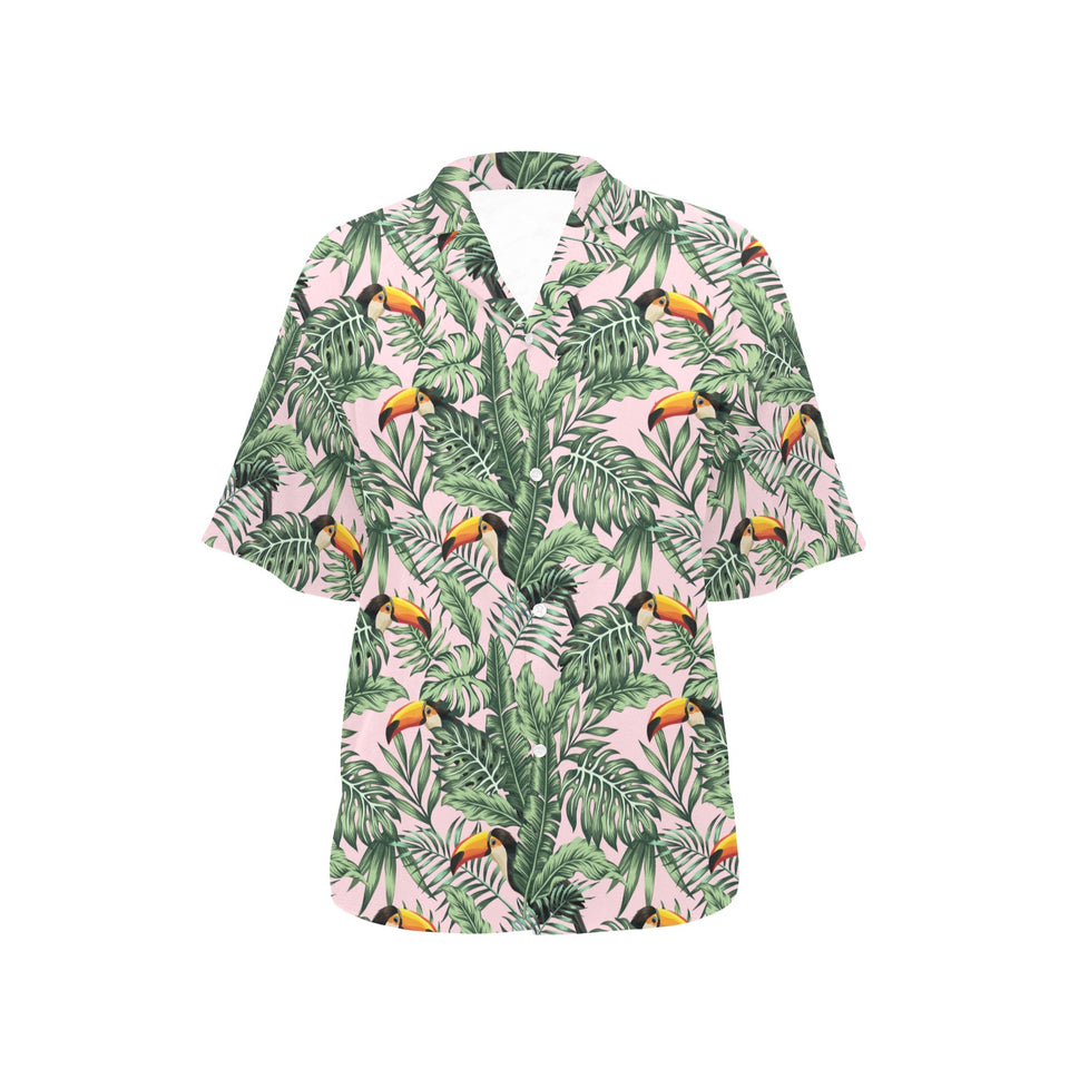 Toucan tropical green jungle palm pattern Women's All Over Print Hawaiian Shirt