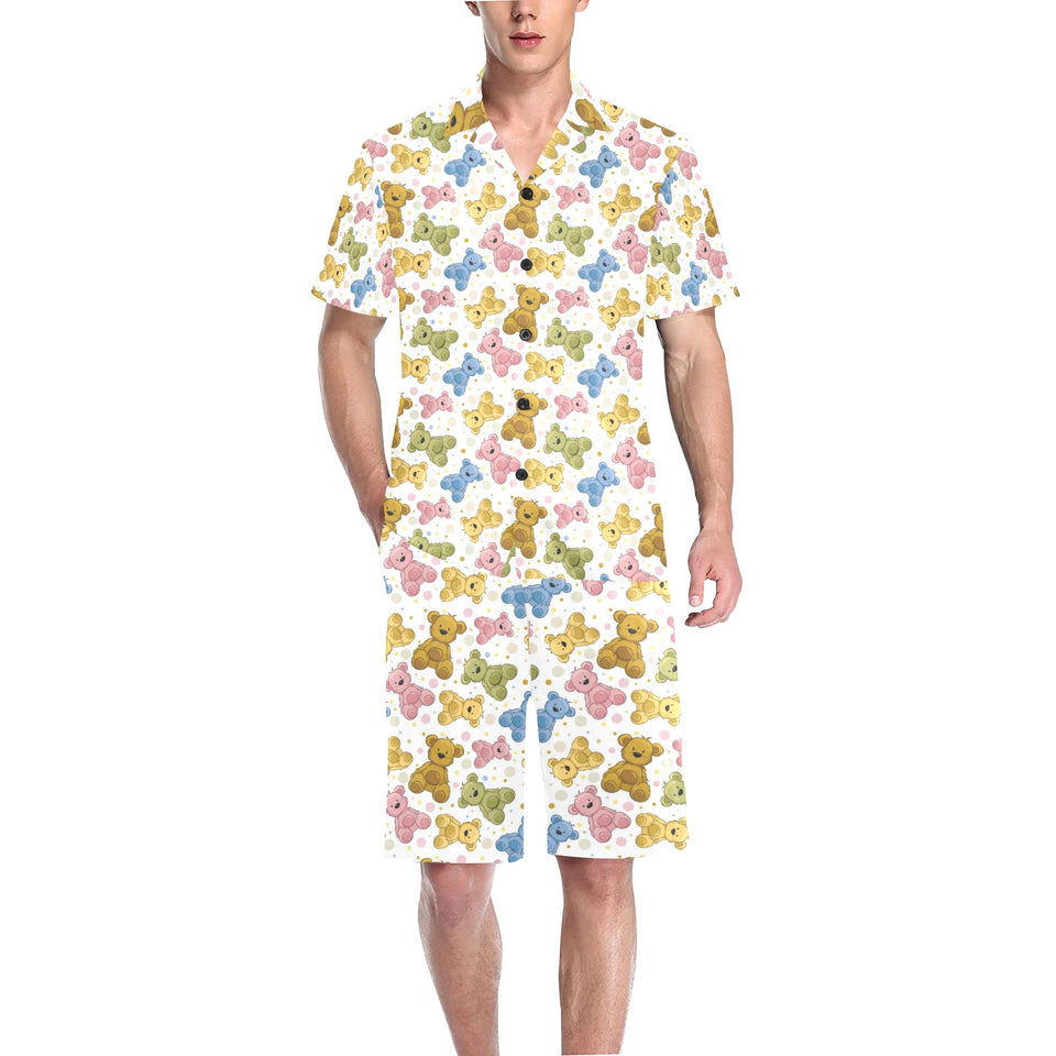 Teddy Bear Pattern Print Design 01 Men's V-Neck Short Pajama Set