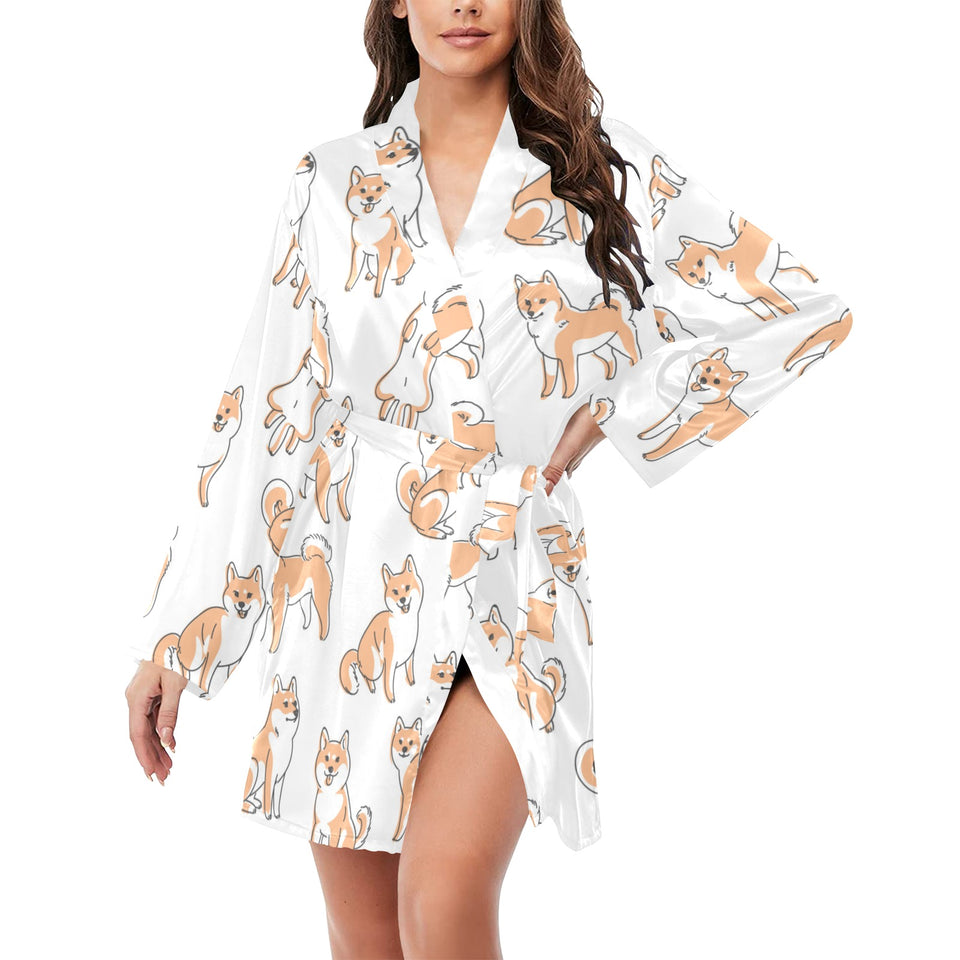 shiba inu dog pattern Women's Long Sleeve Belted Night Robe