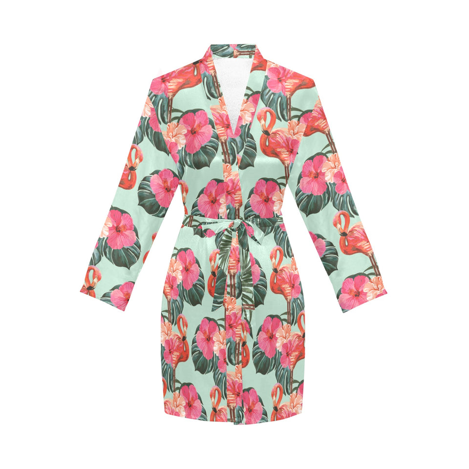 Beautiful flamingo tropical palm leaves hibiscus p Women's Long Sleeve Belted Night Robe