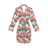 Beautiful flamingo tropical palm leaves hibiscus p Women's Long Sleeve Belted Night Robe