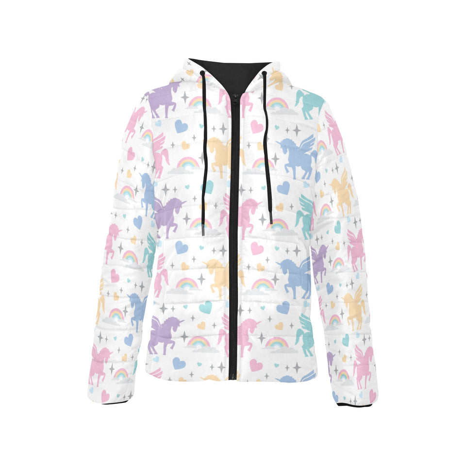 colorful unicorn rainbow heart pattern Women's Padded Hooded Jacket