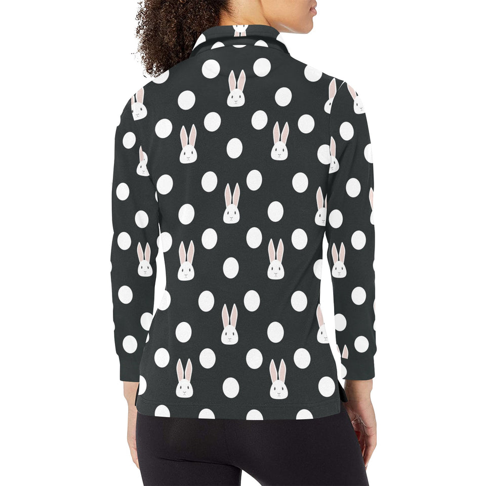 Cute white rabbit polka dots black background Women's Long Sleeve Polo Shirt
