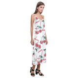 Hand drawn cherry pattern V-Neck Open Fork Long Dress