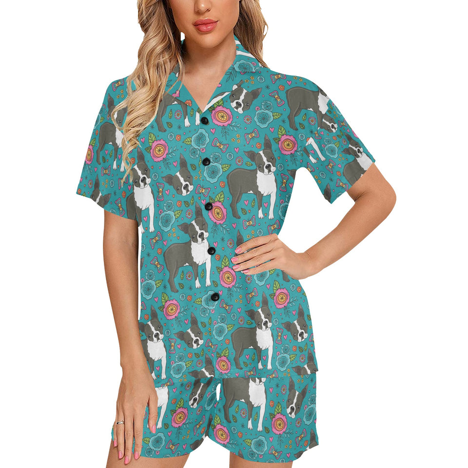 Boston terrier beautiful flower pattern Women's V-Neck Short Pajama Set