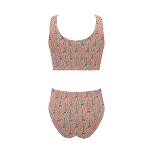 Eiffel Tower Flower Pattern Design 03 Chest Bowknot High Waisted Bikini Swimsuit