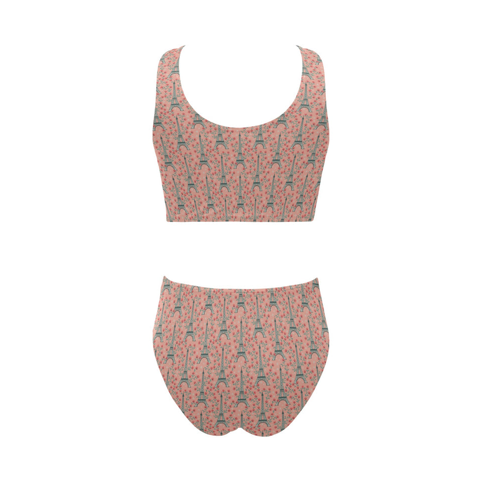 Eiffel Tower Flower Pattern Design 03 Chest Bowknot High Waisted Bikini Swimsuit
