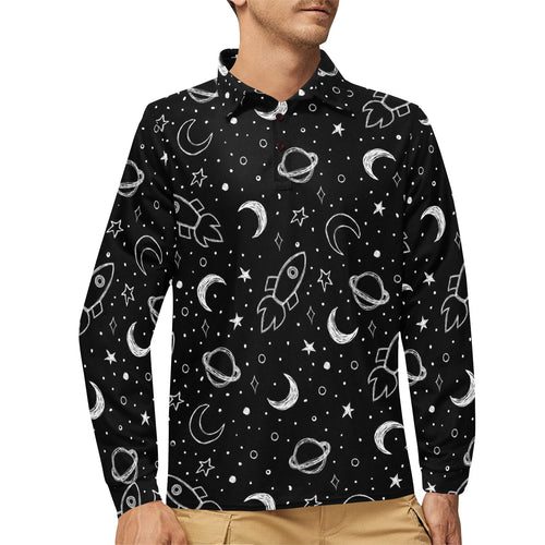 Hand drawn space rocket star planet Men's Long Sleeve Polo Shirt