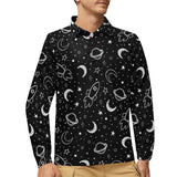 Hand drawn space rocket star planet Men's Long Sleeve Polo Shirt