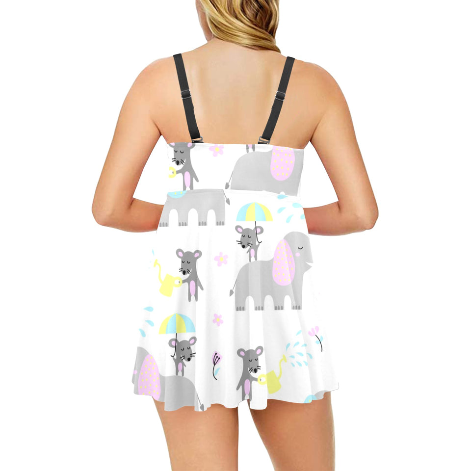 Cute elephant mouse pattern Chest Sexy Pleated Two Piece Swim Dress