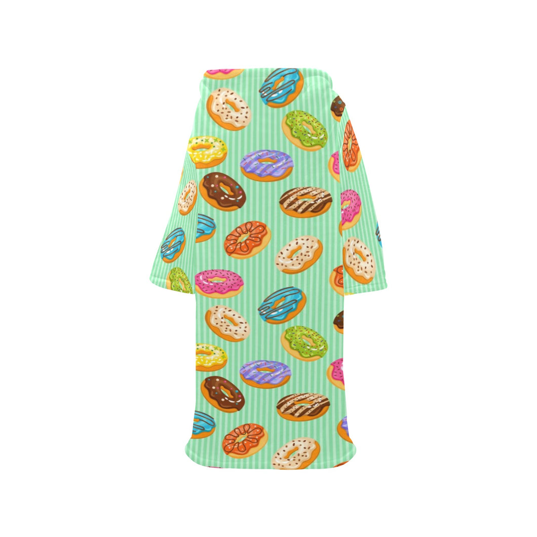Colorful donut pattern green background Blanket Robe with Sleeves