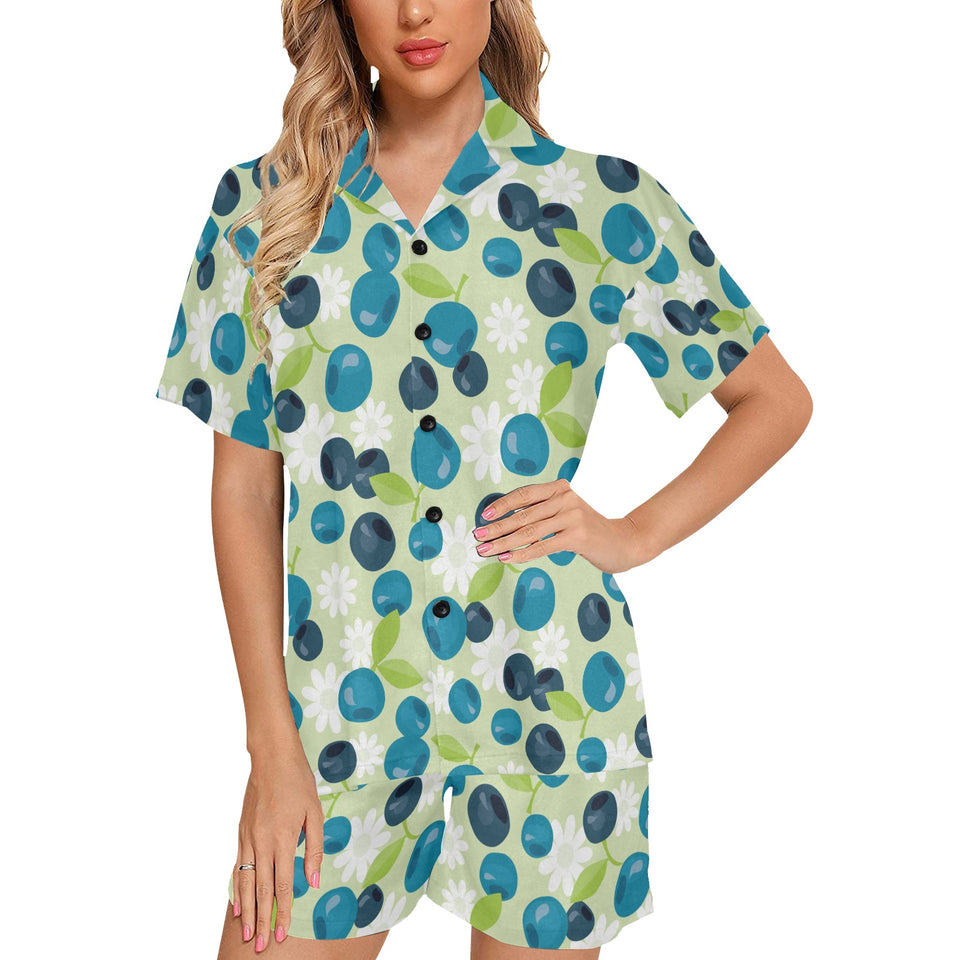 blueberry flower pattern Women's V-Neck Short Pajama Set