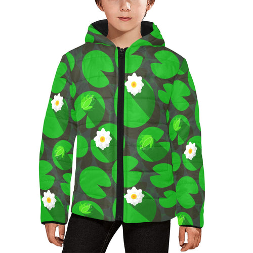 Frog waterlily pattern Kids' Boys' Girls' Padded Hooded Jacket