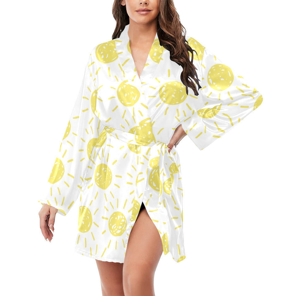 hand drawn sun pattern Women's Long Sleeve Belted Night Robe