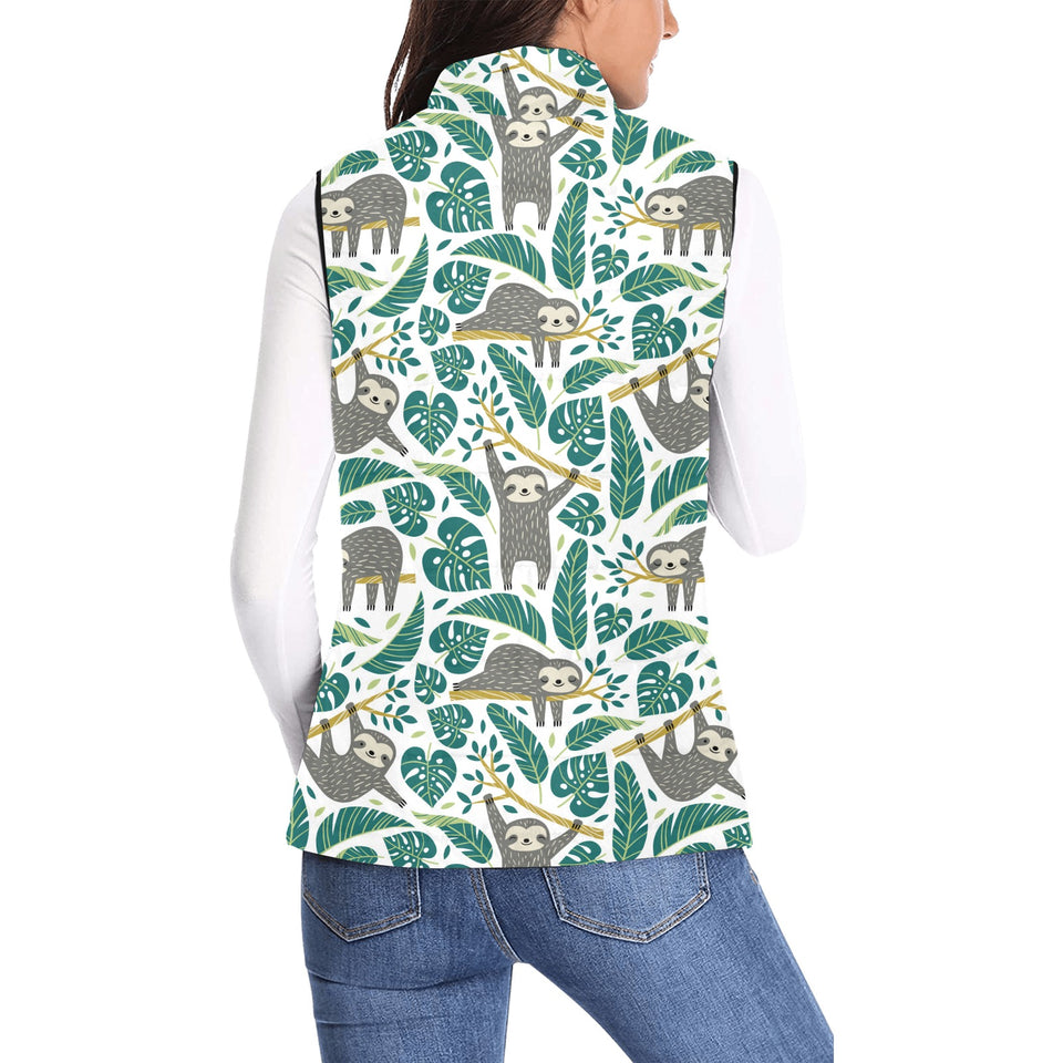 Cute sloths tropical palm leaves white background Women's Padded Vest