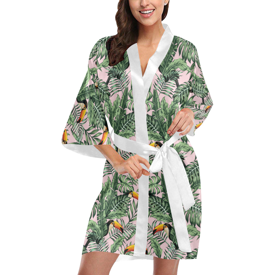 Toucan tropical green jungle palm pattern Women's Short Kimono Robe