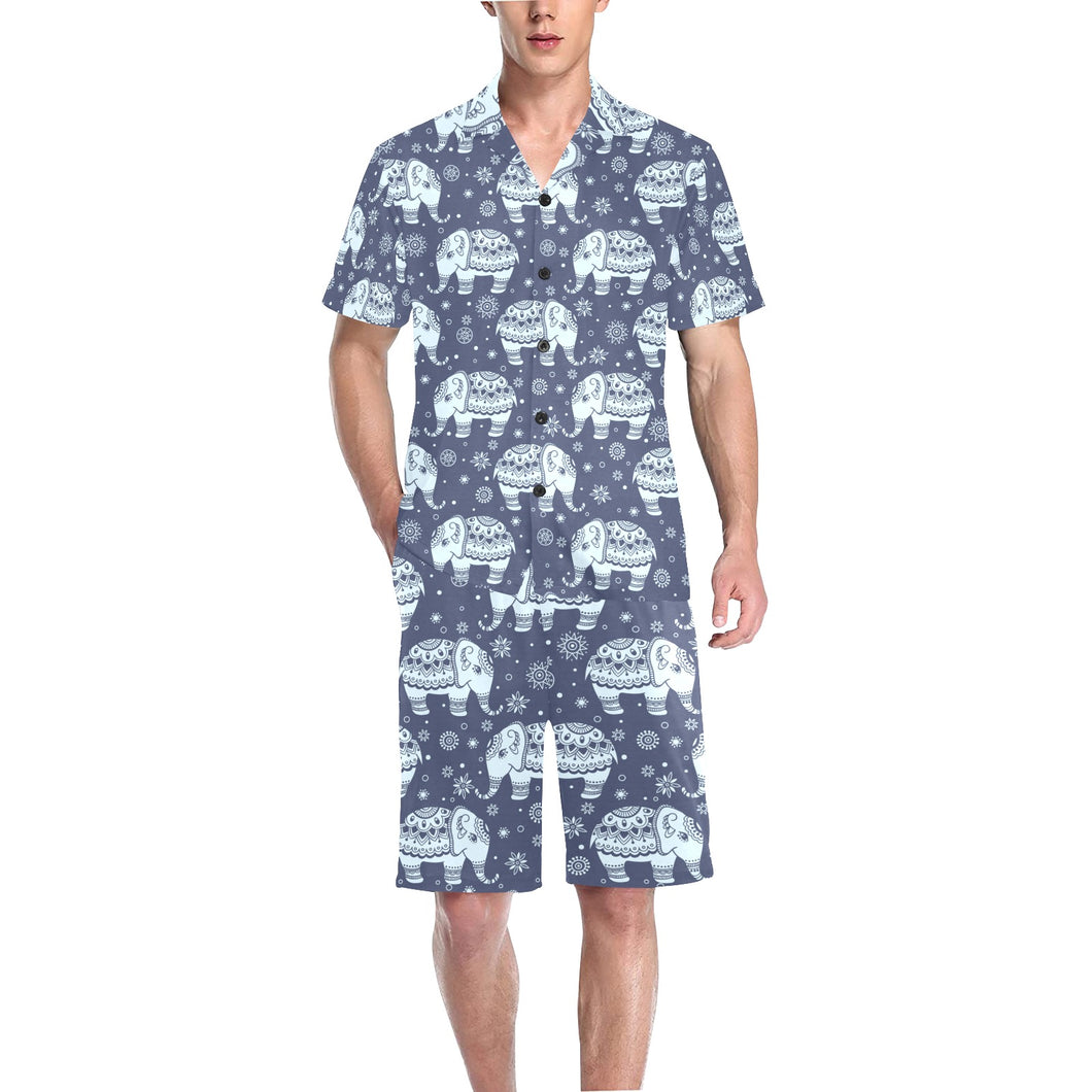 Elephant tribal design pattern Men's V-Neck Short Pajama Set