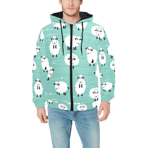 Cute sheep green background Men's Padded Hooded Jacket