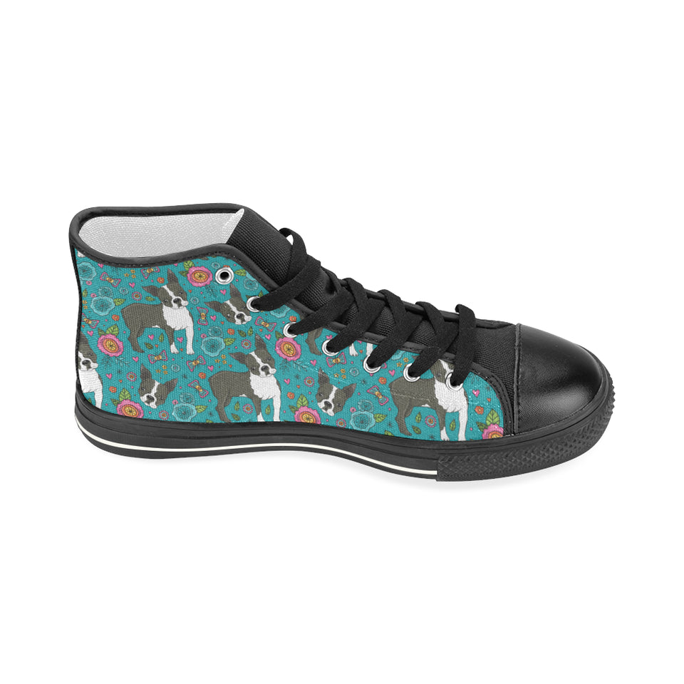 Boston terrier beautiful flower pattern Women's High Top Canvas Shoes Black