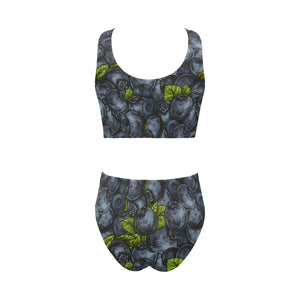 blueberry pattern Chest Bowknot High Waisted Bikini Swimsuit