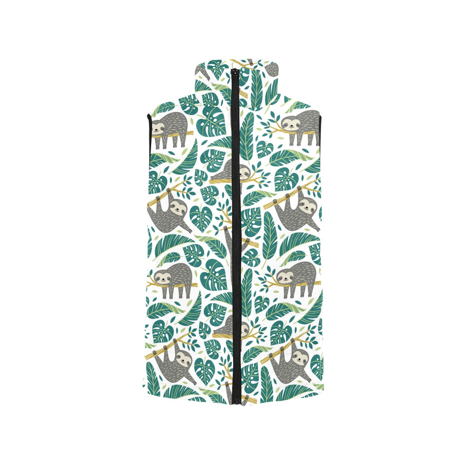 Cute sloths tropical palm leaves white background Women's Padded Vest