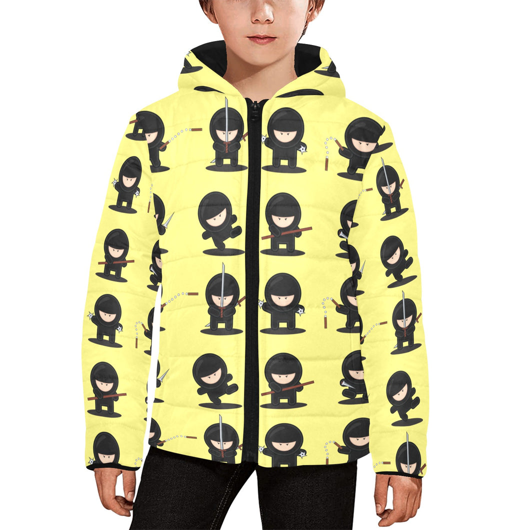 Cute ninja yellow background Kids' Boys' Girls' Padded Hooded Jacket