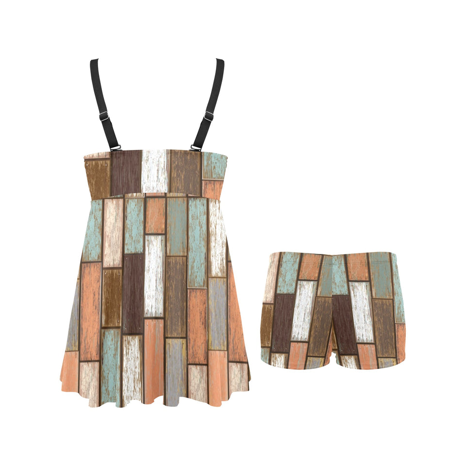 Wood Printed Pattern Print Design 02 Chest Sexy Pleated Two Piece Swim Dress